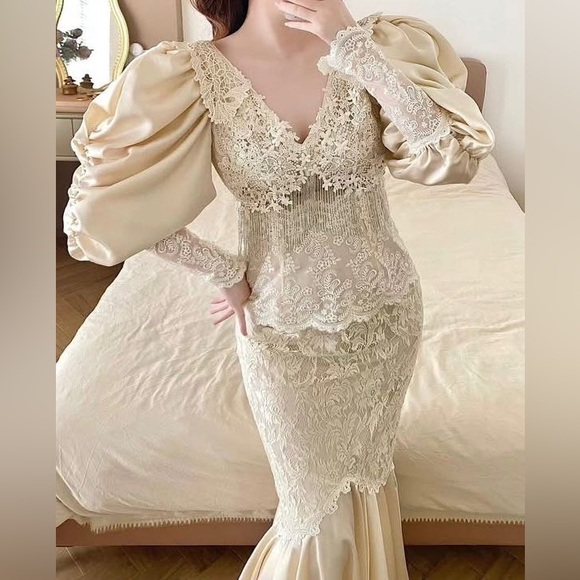 Vintage Cachet Bari Protas cream lace beaded wedding prom formal gown size S - Picture 1 of 14